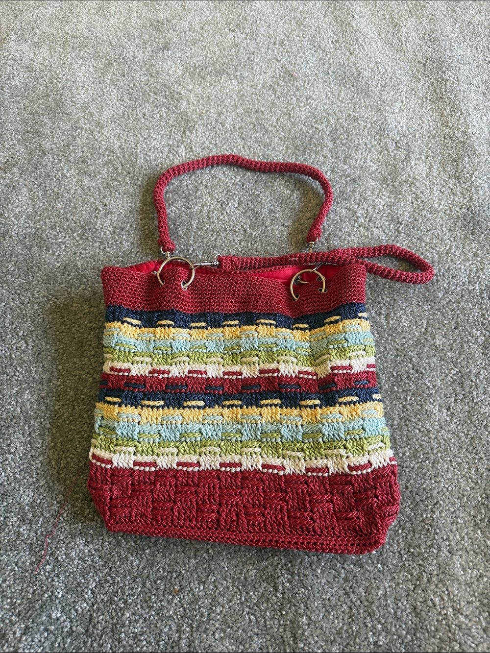 Crocheted Red Multi-Stripe Tote Bag - Women